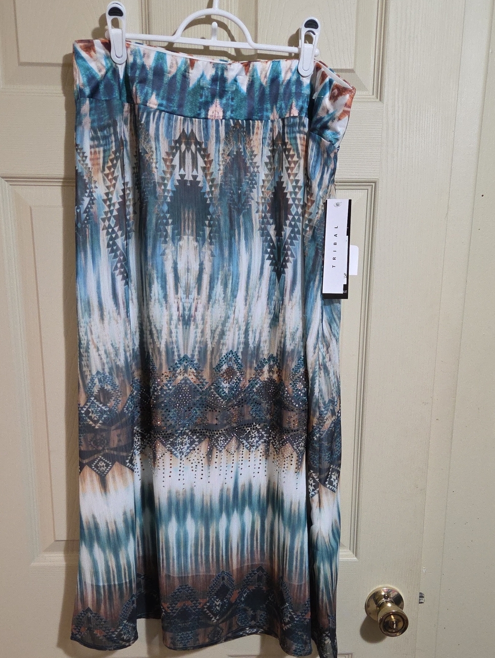 Tribal Teal Blue Cream Brown Tribal-Print Maxi Skirt